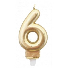Tortov&aacute; sviečka zlat&aacute; 7,5cm s podstavcom č&iacute;slo "6"