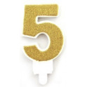 Tortov&aacute; sviečka zlat&aacute;s brok&aacute;tom 7,5cm s podstavcom č&iacute;slo "5"