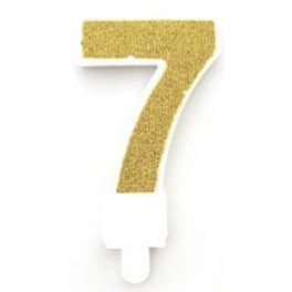 Tortov&aacute; sviečka zlat&aacute; s brok&aacute;tom 7,5cm s podstavcom č&iacute;slo "7"