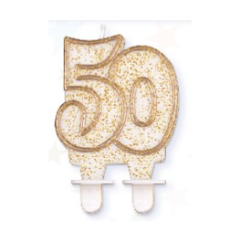 Tortov&aacute; sviečka zlat&aacute; s podstavcom č&iacute;slo "50"