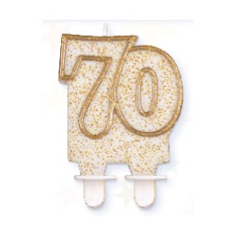 Tortov&aacute; sviečka zlat&aacute; s podstavcom č&iacute;slo "70"