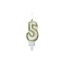 Tortov&aacute; sviečka zlat&aacute; s podstavcom č&iacute;slo "5"