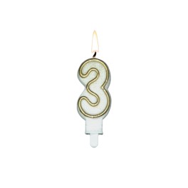 Tortov&aacute; sviečka zlat&aacute; s podstavcom č&iacute;slo "3"